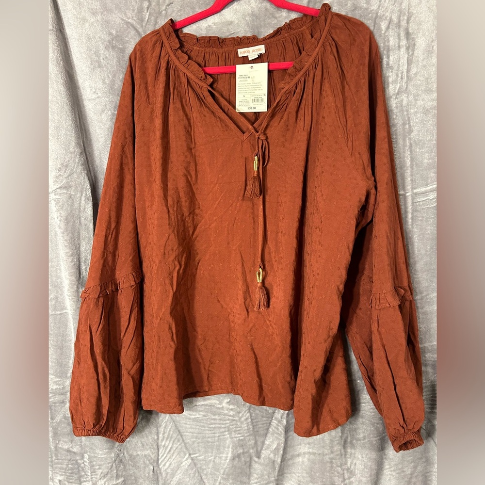 NWT Women’s Knox Rose Brown Long Sleeve Tie Neck Peasant Blouse Top size Large